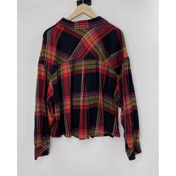 Sanctuary Plus Size Cropped Flannel Multicolor Plaid Puff‎ Sleeve Top Sz 2x Boho - Picture 2 of 10